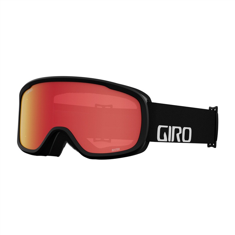 Schwarze Giro Buster Skibrille mit rotem Glas und schwarzem Brillenband, Giro Schriftzug sichtbar.