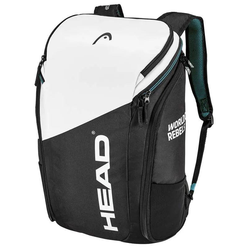 Weiß-schwarzer Head Rebels Backpack mit ergonomischen Schultergurten und Reißverschlüssen.