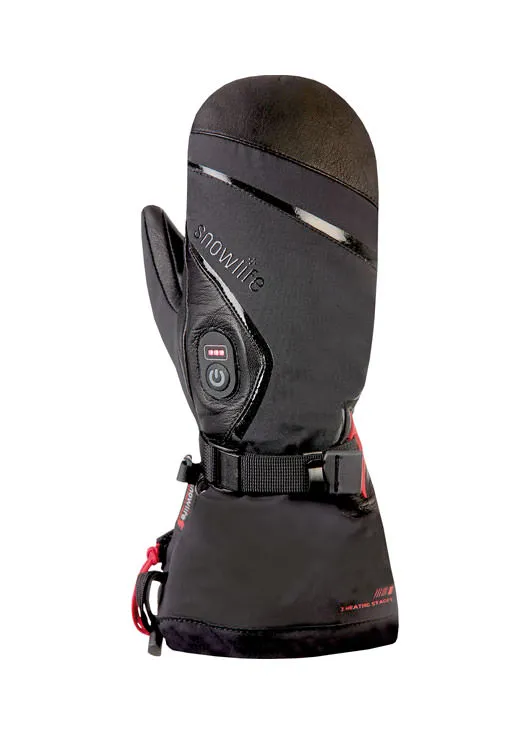 Schwarzer Snowlife Heat GTX Mitten, beheizbarer Fausthandschuh mit Bedienknopf und Gurt.