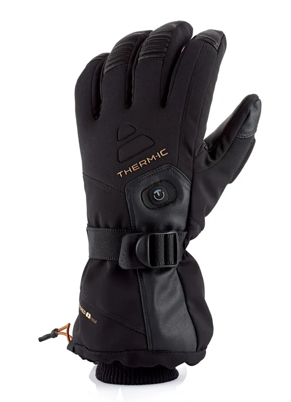 Schwarzer Therm-ic Heat Ultra Glove Men mit Handrücken, Handfläche, Riemen, Schnalle und Therm-ic Logo.