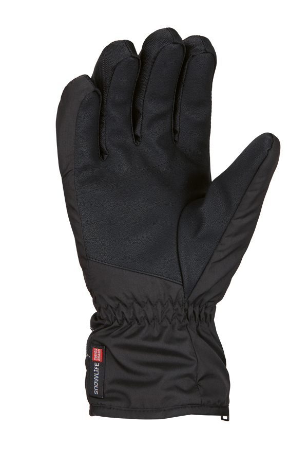 Schwarzer Snowlife Vivid Glove, Handfläche nach oben, aus Textil und PU, mit Gummizug am Handgelenk.