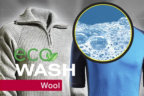Wollbekleidung und Merinowäsche mit Logo Eco Wash, mit Schaumblasen.