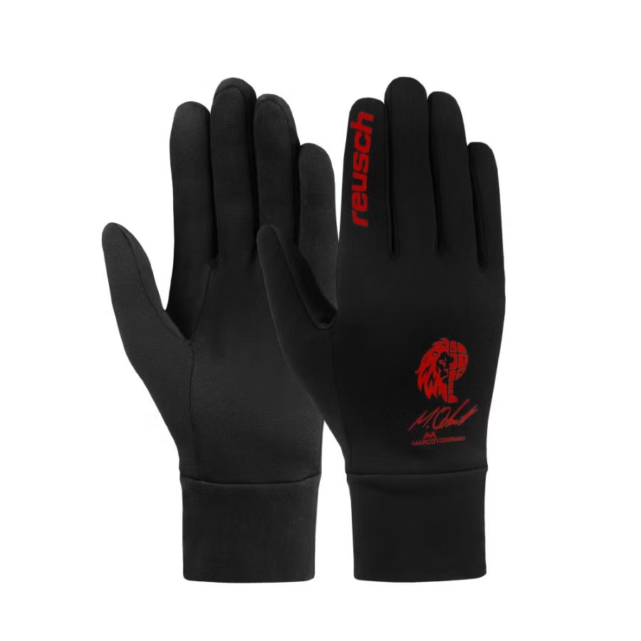 Schwarze Reusch Fleece Touch-Tec Handschuhe mit rotem Logo und Unterschrift.