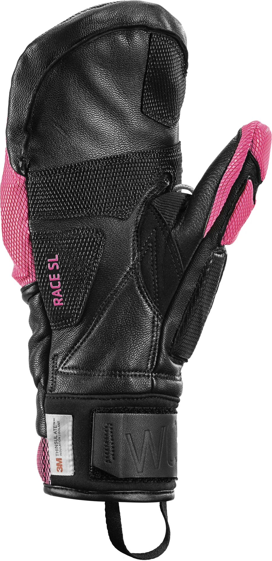 Nahaufnahme eines schwarzen Leki WCR Venom SL 3D Mitt Handschuhs mit pinken Details.