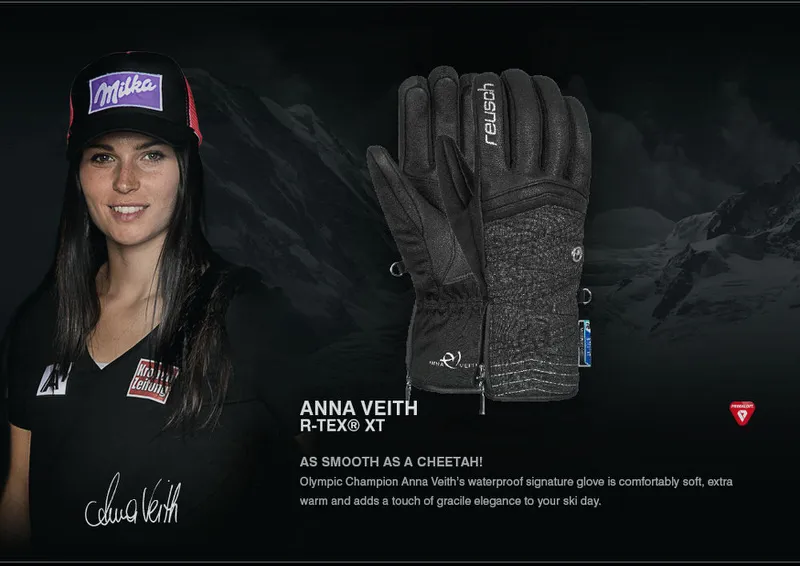 Schwarzer Reusch Anna Veith R-TEX XT Handschuh, daneben eine Frau mit Mütze vor einem Bergpanorama.
