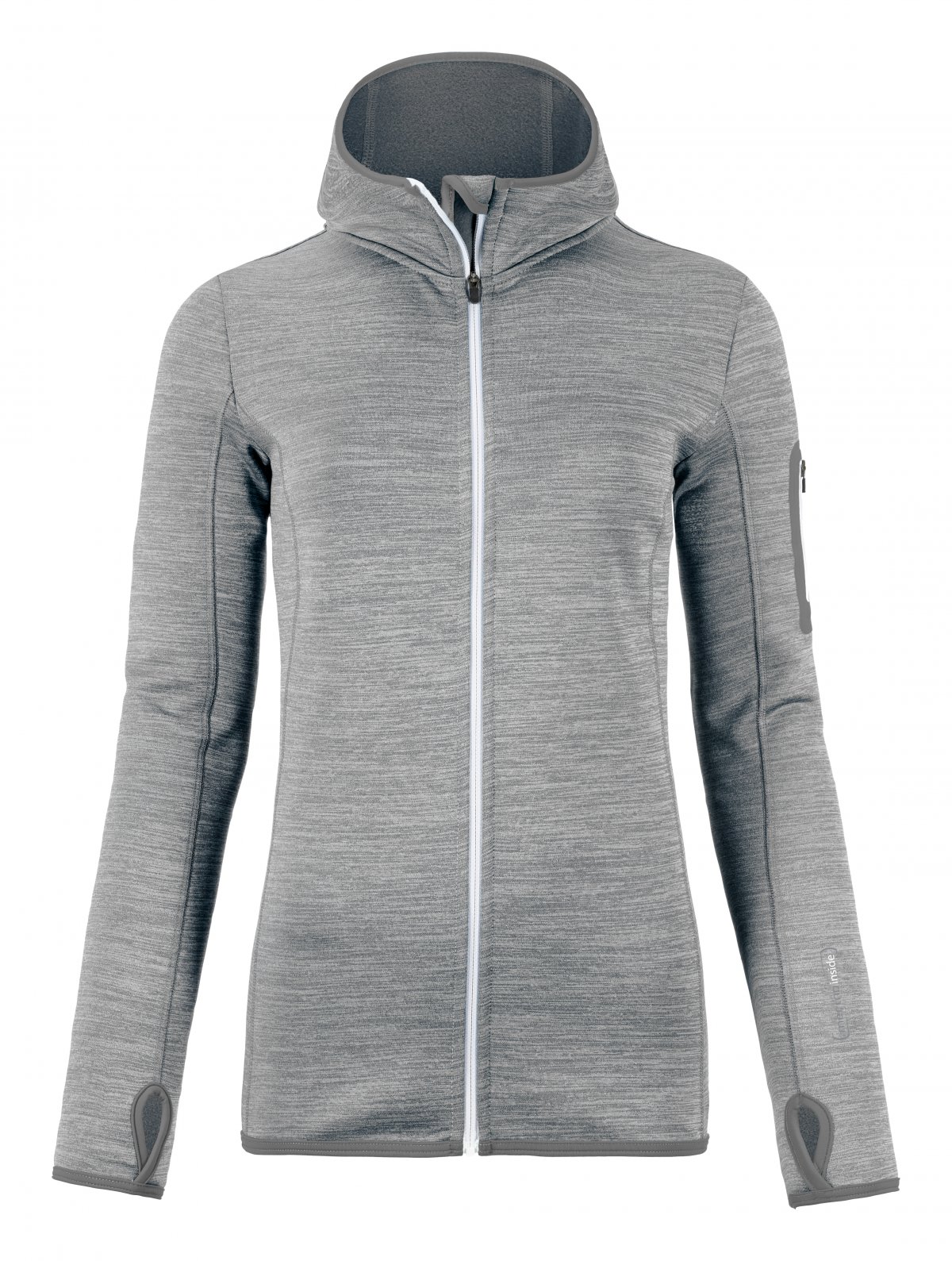 Grau Melange Fleece Hoody Grauer Melange Fleece Hoody mit weißem Reißverschluss und Kapuze, Ärmel mit Daumenschlaufen.