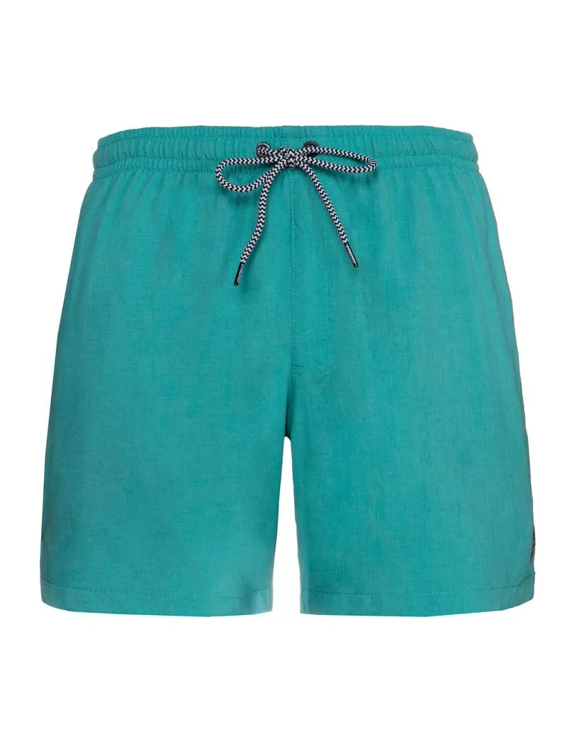 Türkise Badeshorts mit elastischem Bund und schwarz-weiß gemusterter Kordel.