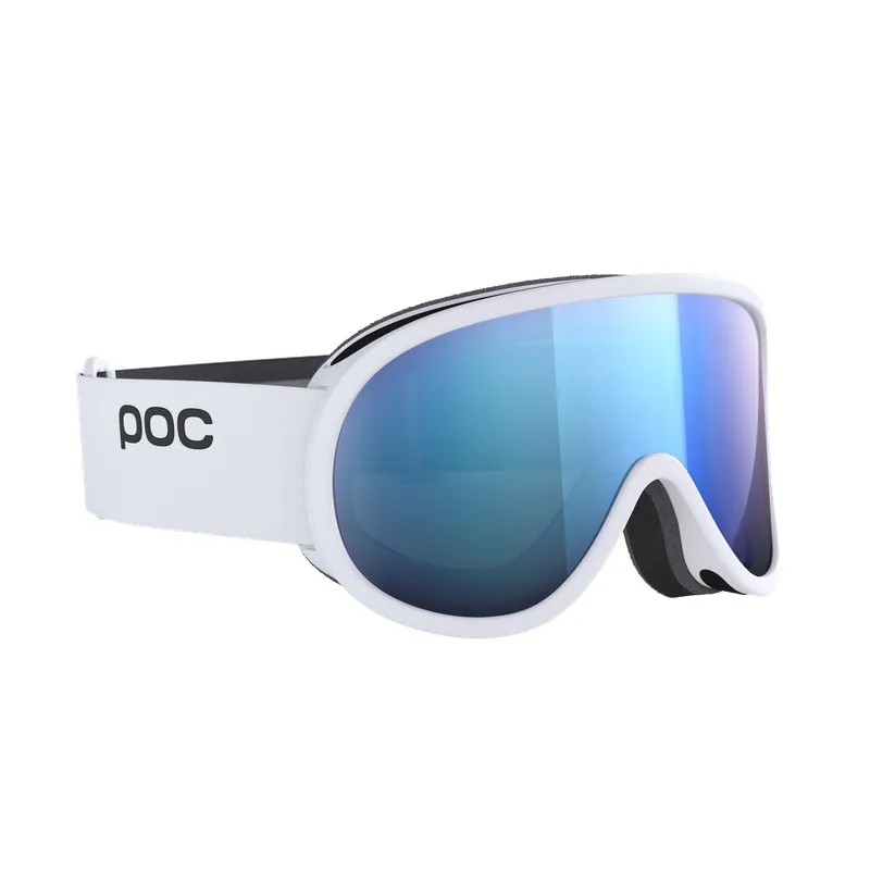 Weiße POC Retina Mid Skibrille mit blau verspiegelter zylindrischer Linse.