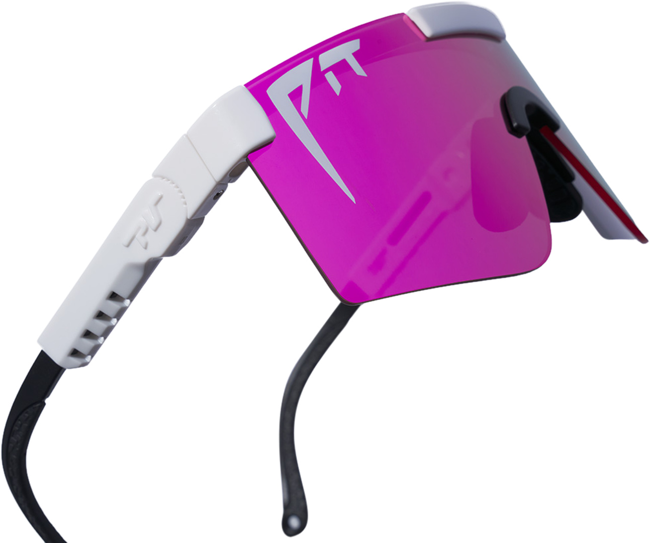 Nahaufnahme einer Pit Viper Sonnenbrille "The Miami Nights". Pinke, polarisierte Gläser, weißer Rahmen, schwarze Bügel.