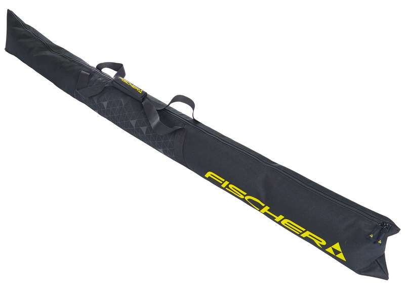 Schwarzer Skicase Eco Alpine mit gelber Aufschrift "FISCHER", Tragegriff und Reißverschluss für ein Paar Ski.