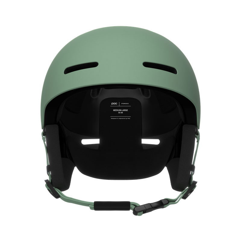 Grüner POC Skihelm Innenansicht: Grüner POC Fornix MIPS Skihelm mit Belüftungsschlitzen und Ohrpolstern.