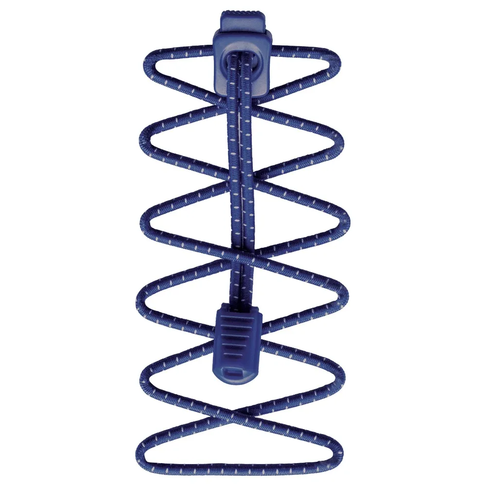 Blaue, elastische Run Laces mit weißem Punktmuster und dunkelblauem Verschluss, mittig angeordnet.