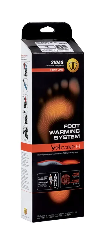 Verpackung der Sidas Volcano H Heizsohle mit Fußabdruck-Grafik. Beschreibt Fuß- und Körperausrichtung und Wärme-Elemente.