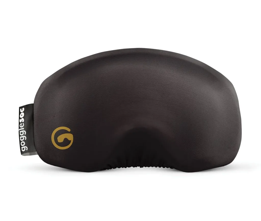 Schwarzer Gogglesoc Brillenberzug, mit goldenem "G"-Logo und seitlichem Etikett.