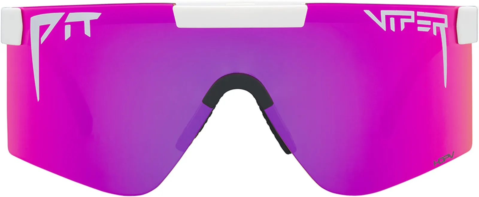 Nahaufnahme: Pink polarisierte Pit Viper Sonnenbrille mit weißem Rahmen. Logos auf Gläsern.