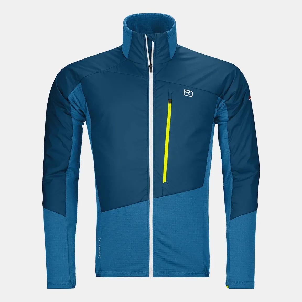Blaue Ortovox Westalpen Swisswool Hybrid Herren Jacke mit durchgehendem Reißverschluss und gelbem Detail.