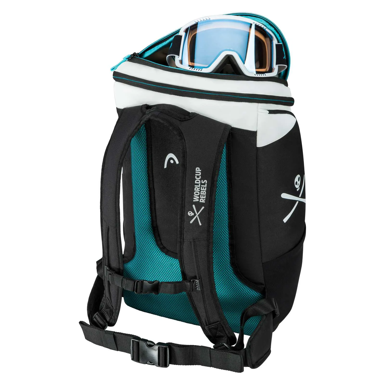 Schwarzer Head Rebels Backpack mit türkisfarbenem Rückenteil und Skibrille oben im offenen Fach.