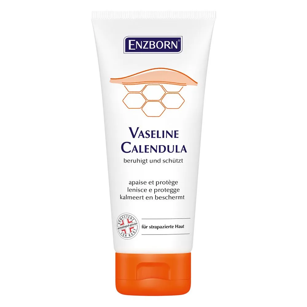 Weiße Tube "Enzborn Vaseline Calendula" mit orangem Deckel. Aufschrift und Illustration einer Wabenstruktur. Text in Deutsch, Französisch, Italienisch und Niederländisch.