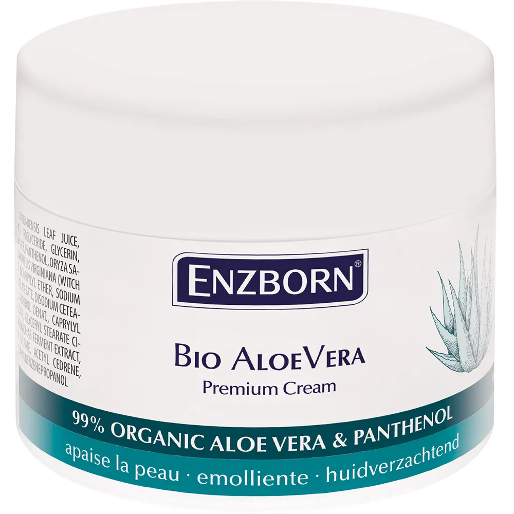 Draufsicht einer Dose Bio Aloe Vera Creme mit Aloe Vera Pflanze auf dem Etikett.