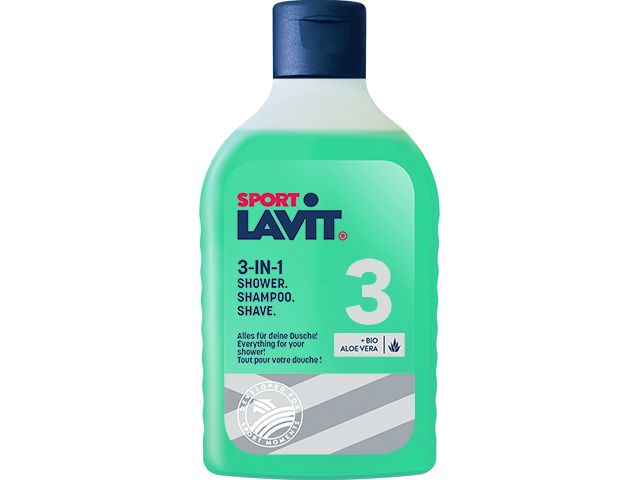 Grüne Flasche SPORT LAVIT 3in1 Duschgel mit blauem Deckel, Text und Logo.