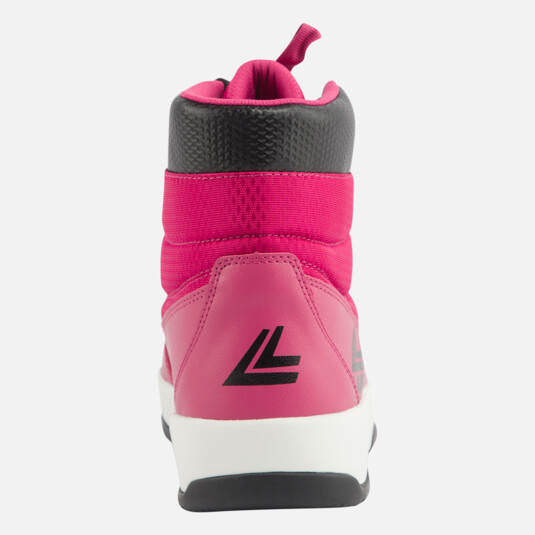 Rückansicht: Pinker Podium Shoe mit schwarzem Logo, weißer Sohle und schwarzem Schaft.