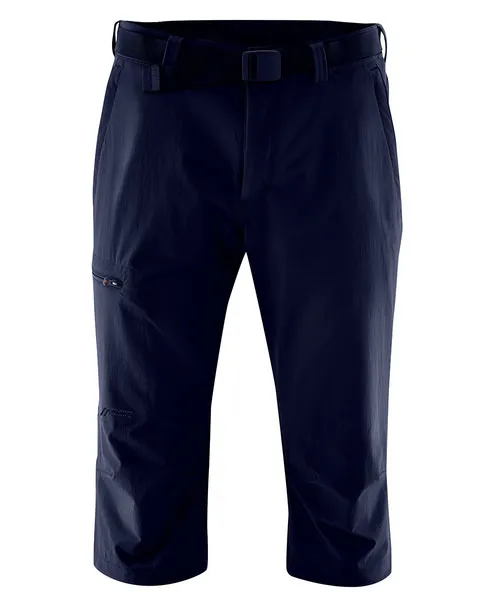 Dunkelblaue, dreiviertellange Outdoorhose Jennisei M Night Sky mit Gürtel, seitlicher Reißverschlusstasche und Logo.