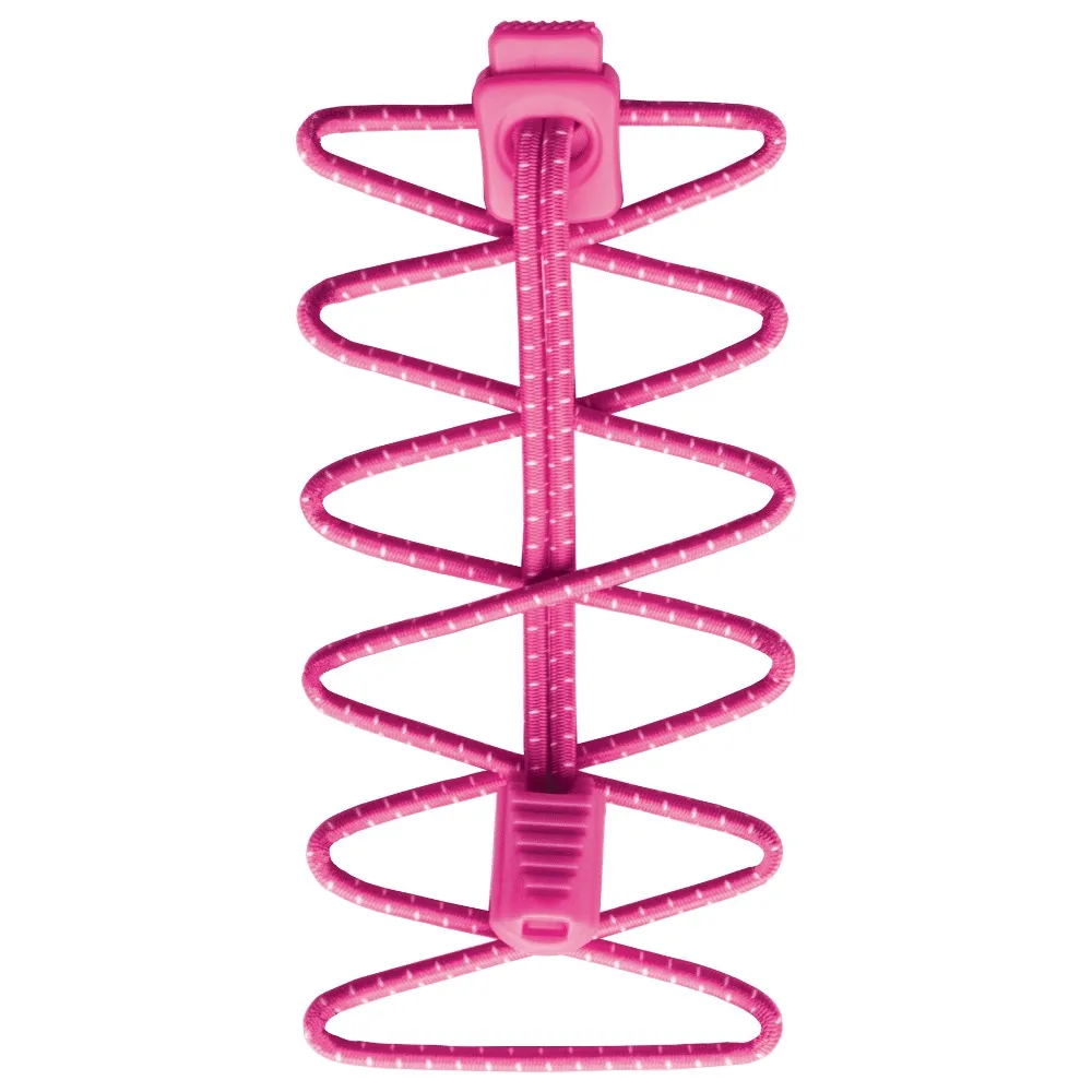 Pinke Run Laces: Elastische Schnürsenkel mit weißen Punkten und Verschluss.