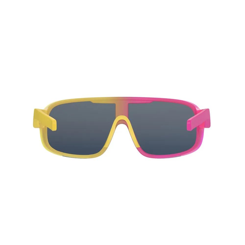 Transparente POC Aspire Mid Brille mit gelbem und pinkem Rahmen, graue Gläser, frontal.