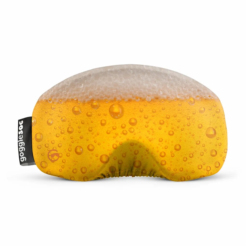 Brillen-Schutzhülle in Bierglas-Optik, mit Schaumkrone und Wassertropfen, Etikett links.