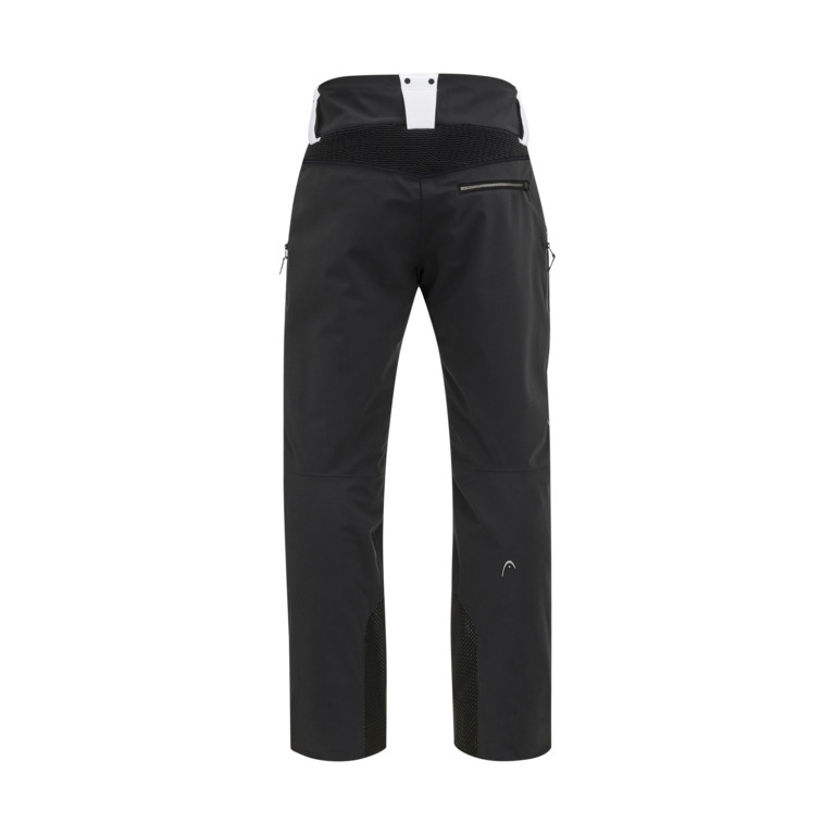 Schwarze Head PORSCHE Ski Hose für Herren, mittig platziert, mit weißem Bund und seitlichen Reißverschlusstaschen.