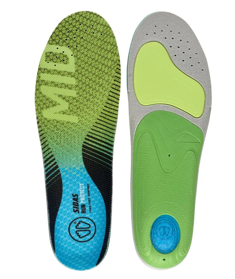 Zwei Sidas 3 Feet Run MID Einlegesohlen, Ansicht von Ober- und Unterseite. Grün, blau, grau und mit Perforierungen.