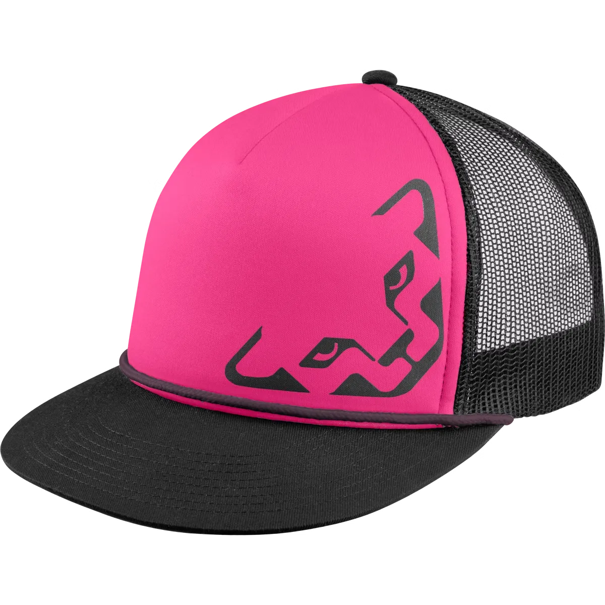 Pinke Dynafit Trucker Cap mit schwarzem Schirm, Mesh-Einsatz und Markenlogo als Aufdruck.