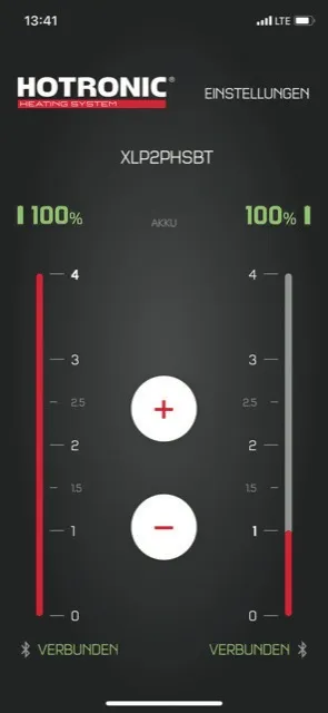 Smartphone-App-Ansicht: Hotronic XLP 1P Akku-Statusanzeige mit Heizstufen, Bluetooth verbunden, Akkustand 100%.