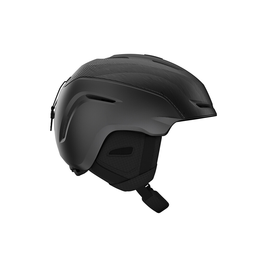 Mattschwarzer Skihelm, Giro Neo MIPS, Seitenansicht. Belüftungsöffnungen und Ohrpolster sind sichtbar.