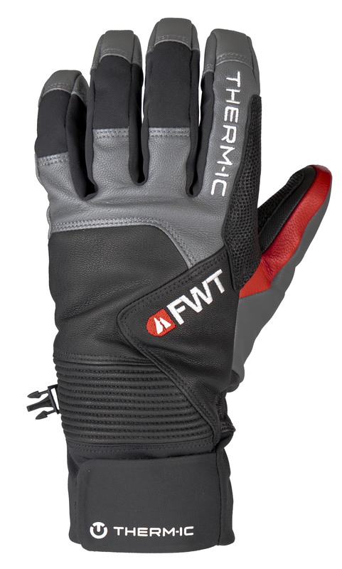 Nahaufnahme eines Freeride Extra Warm Handschuhs in Schwarz, Grau und Rot mit FWT-Logo.