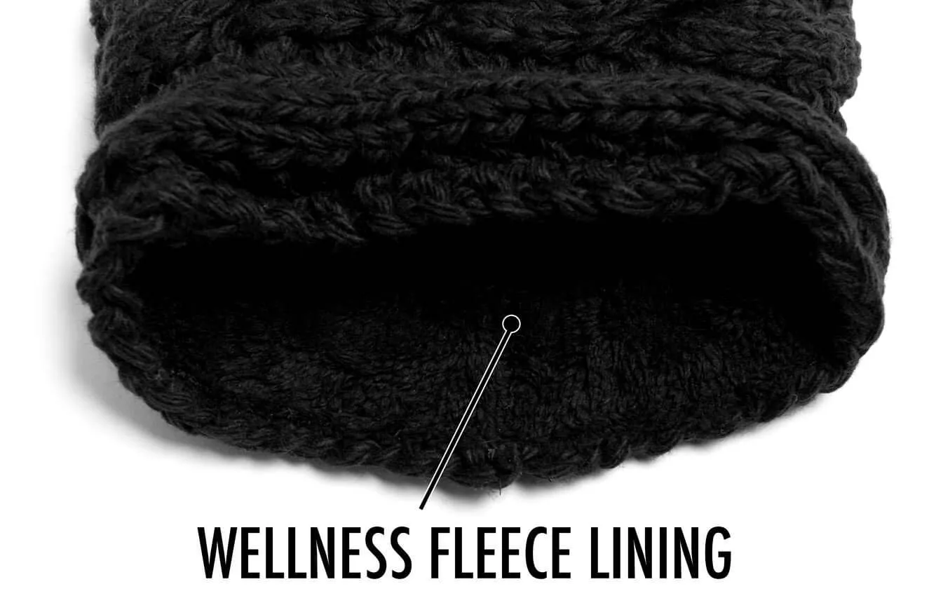Nahaufnahme eines schwarzen, gestrickten Stroller Neckwarmers mit Wellness Polar Fleece Futter.