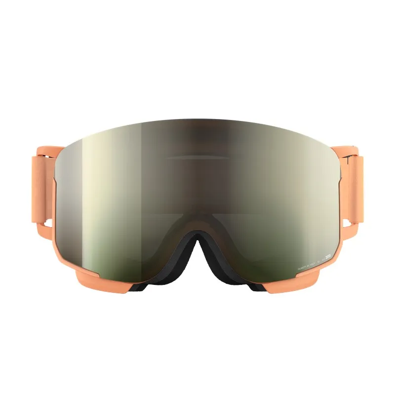 Skibrille in Pfirsichfarbe mit verspiegelten Gläsern, frontal aufgenommen vor weißem Hintergrund.