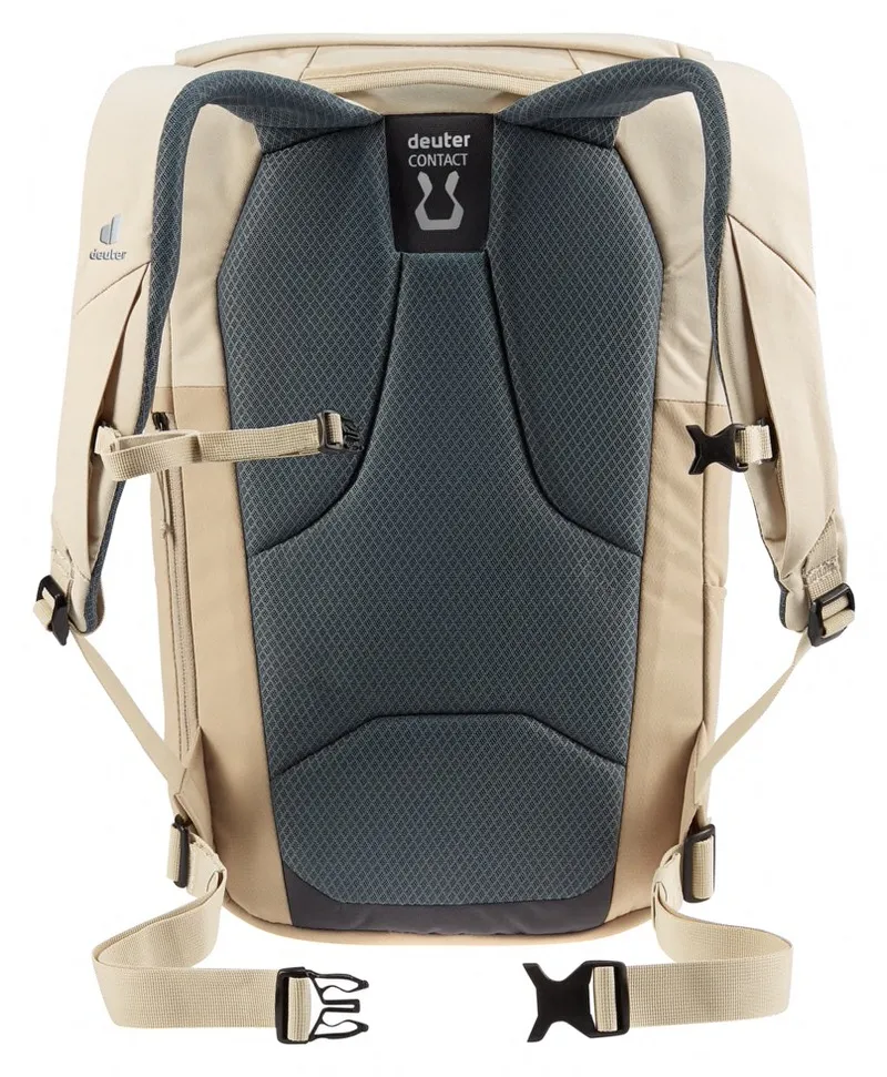 Rückansicht des Deuter UP Sydney Rucksacks in Sand-Bone mit atmungsaktivem Rückenpolster und verstellbaren Gurten.