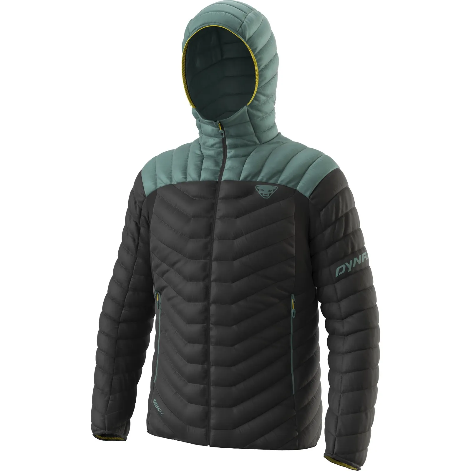 Schwarze Dynafit Ridge Ultralight Daunenjacke mit Kapuze. Brust- und Kapuzenbereich sind mintgrün.