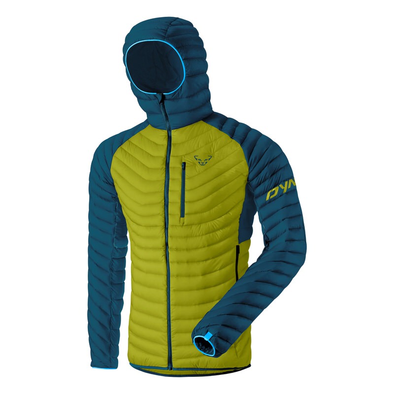 Dynafit Radical Down Jacke Gelb-blaue Dynafit Radical Down Herrenjacke mit Kapuze, gesteppt, Reissverschluss und Logo.