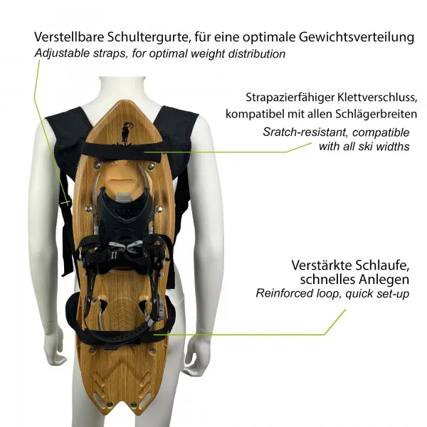 Raq Back: Schneeschuhe am Rucksack befestigt. Verstellbare Gurte für optimale Gewichtsverteilung.