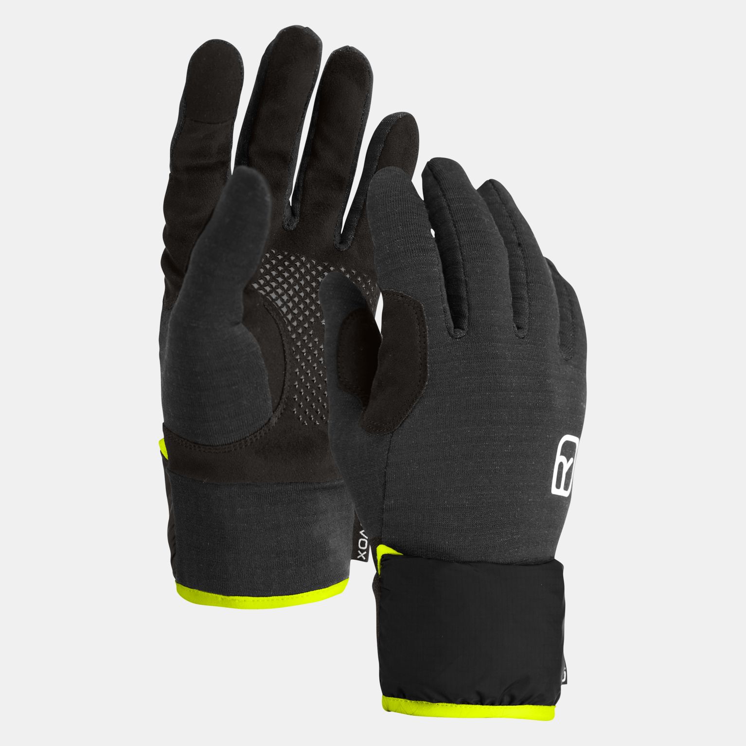 Zwei schwarze Ortovox Fleece Grid Cover Handschuhe, Handflächen mit Silikon, gelber Saum.