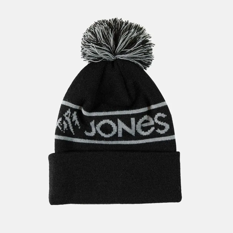 Schwarze Jones Chamonix Recycled Beanie mit Bommel und Logo-Schriftzug.