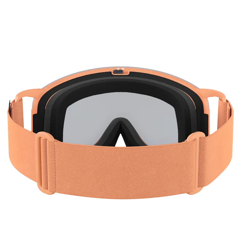 Ski- oder Snowboardbrille in Pfirsichfarbe mit grau getönter Linse und verstellbarem Band.