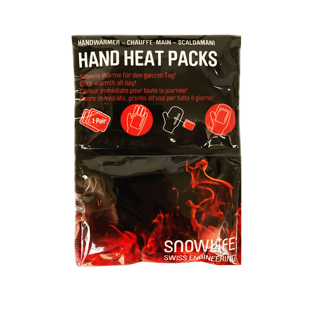 Verpackung Snowlife Hand Heat Packs mit Flammenmotiv und Hinweisen zur Anwendung.