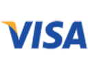 Blaues VISA Logo mit einem goldenen Streifen über dem ersten Buchstaben, auf weißem Hintergrund.