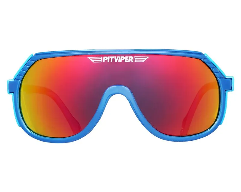Blaue Grand Prix Pit Viper Sonnenbrille mit polarisierten, rot-orange verspiegelten Gläsern.