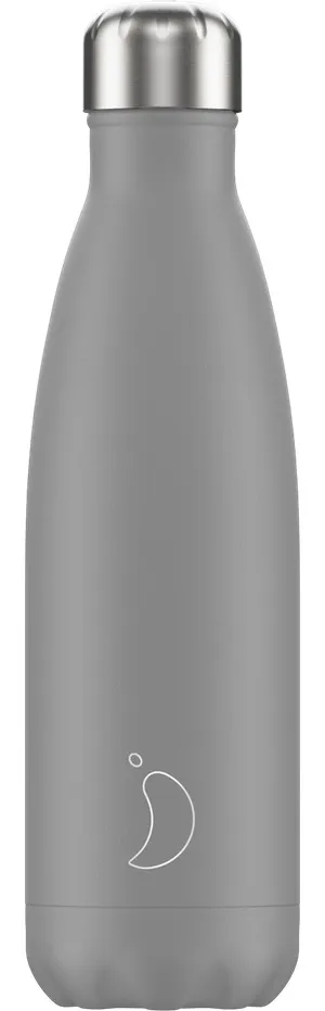 Graue Chillys Trinkflasche 500ml mit silbernem Deckel und weißem Logo. Sie ist schlank, isoliert und hält Getränke kalt oder warm.