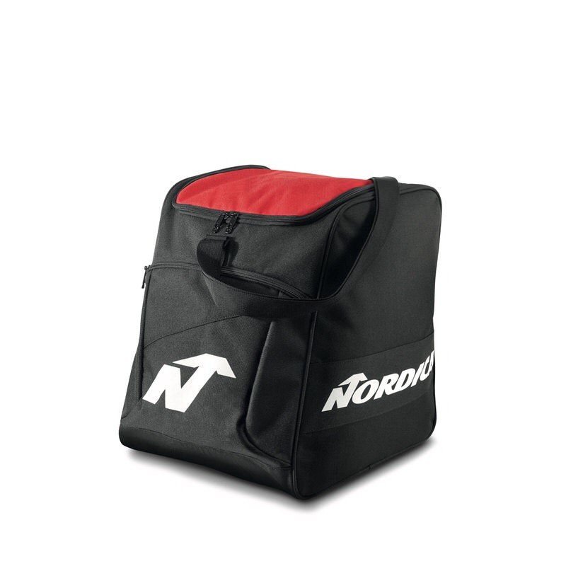 Schwarze Nordica Skischuhtasche / Boot Backpack mit rotem Deckel, Tragegriff und weißem Logo.