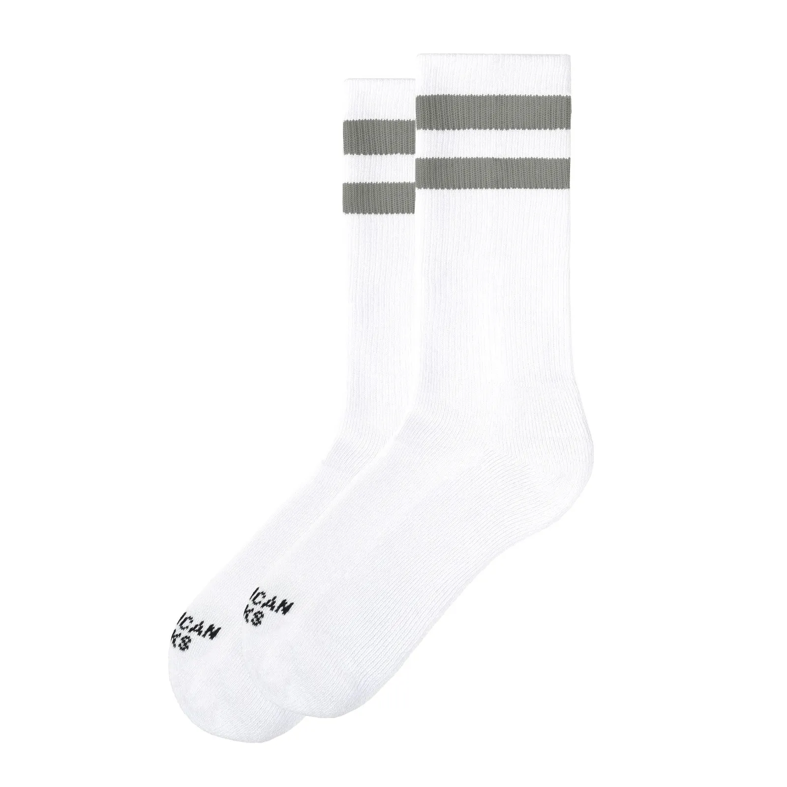Zwei weiße, mittelhohe Falkor Socken mit grauen Streifen und Logos auf weißem Hintergrund.